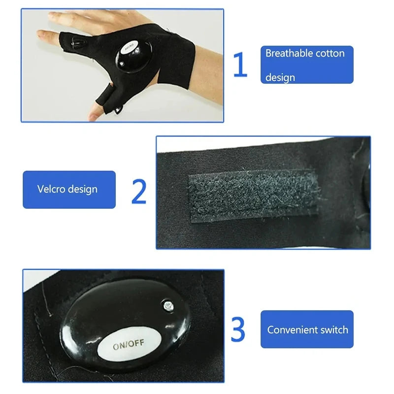 LED Flashlight Fingerless Gloves